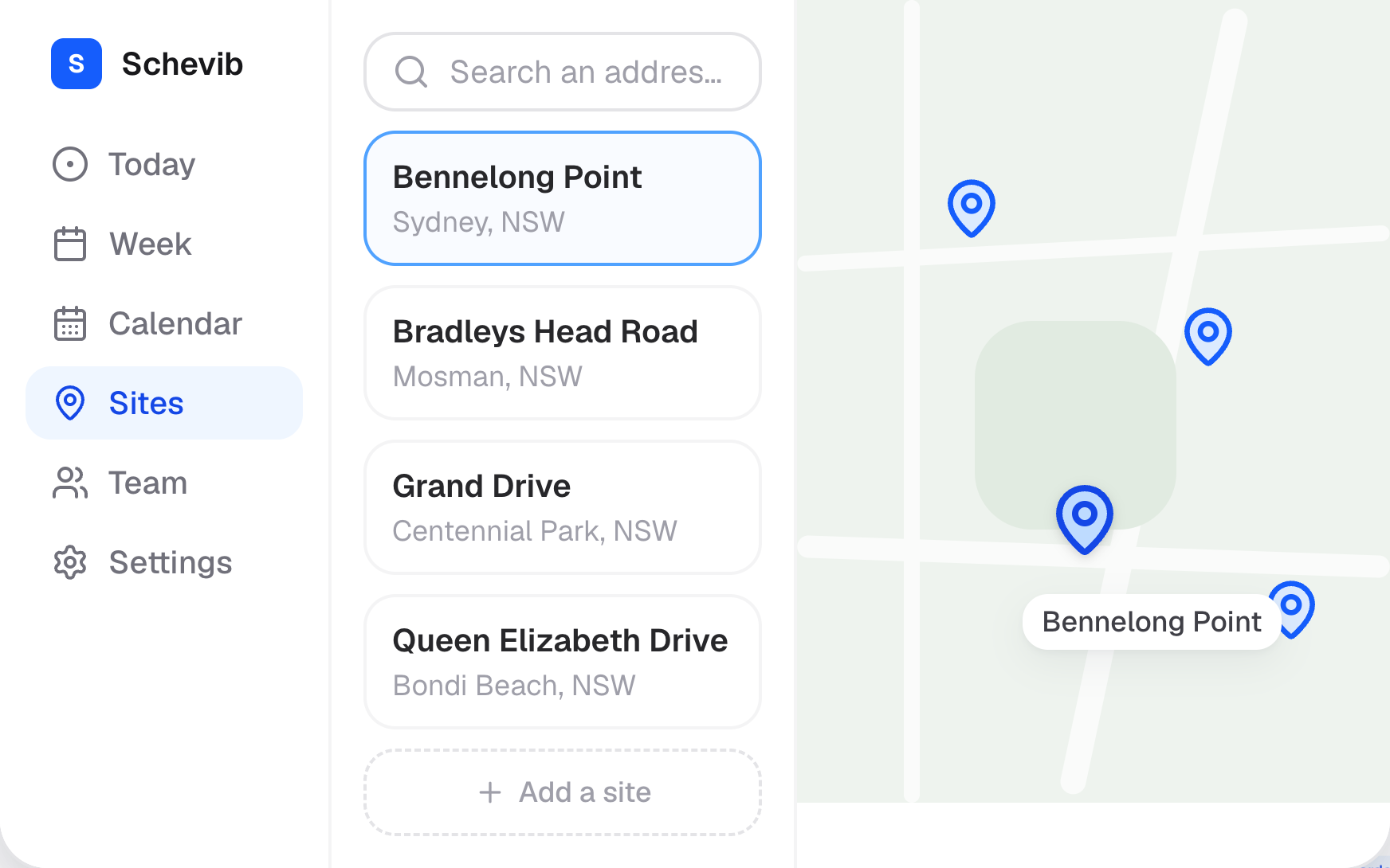 Schevib sites screen — the site list beside a map